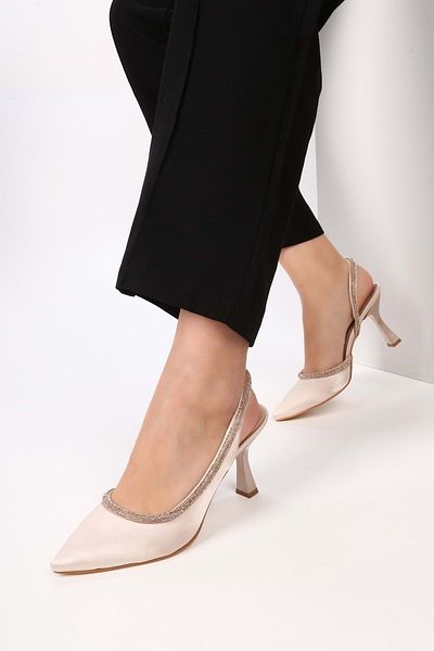 Shoeberry Women's Rowen Skin Satin Stone Heeled Shoes Stiletto