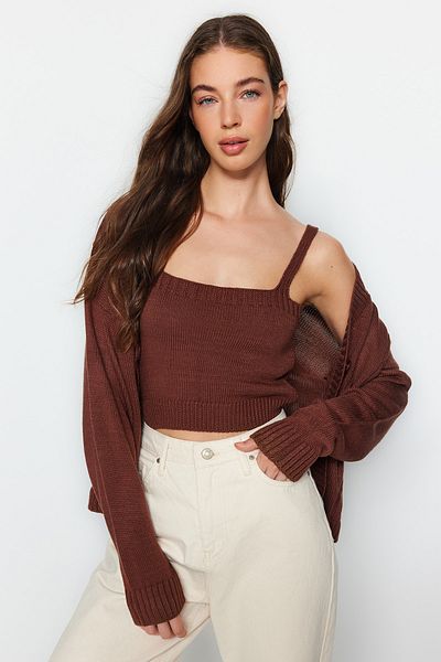 Trendyol Collection Brown Crop Double Blouse Knitwear Cardigan TWOAW24HI00372