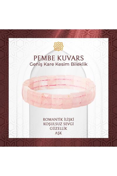 Saff Doğal Taş Pink Quartz (Rose Quartz) Natural Stone Square Cut Wide Cut Bracelet - 20-21cm
