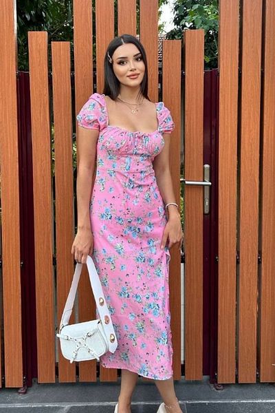 JaMolls rochie de vară florală cu mânecă scurtă, cu decolteu drept, cu fustă lejeră