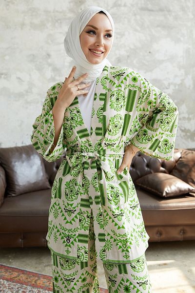 InStyle Ervis Patterned Belted Kimono Set - Green