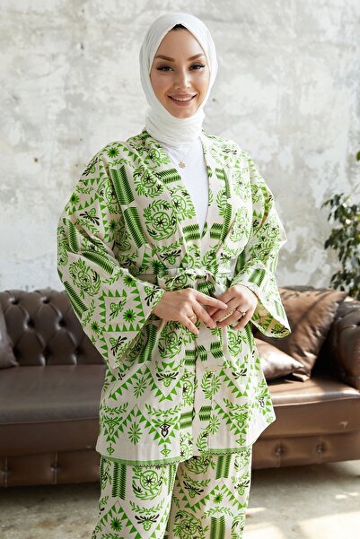 InStyle Zestaw kimon z paskiem i wzorzystym wzorem Ervis - zielony