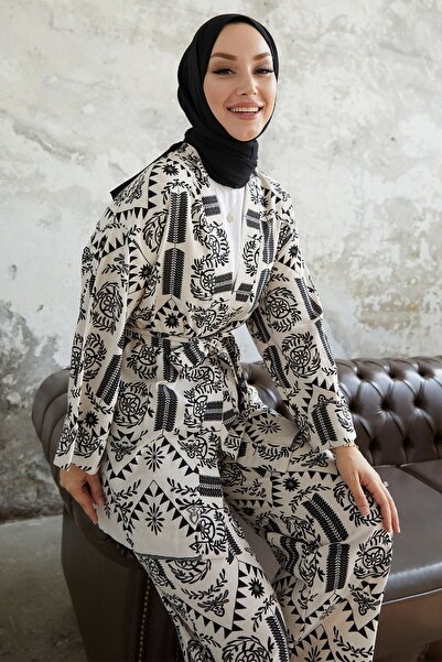 InStyle Set kimono cu curea cu model Ervis - negru