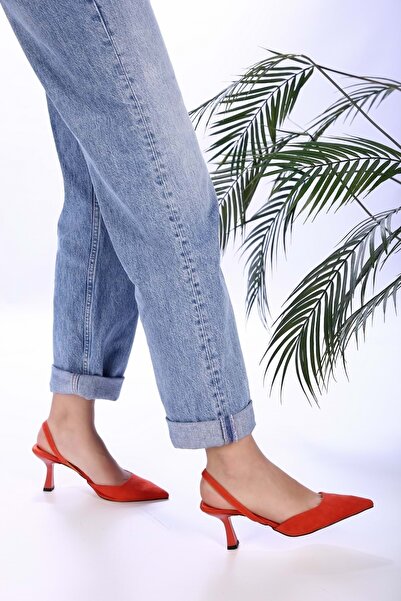 Shoeberry Women's Gizzy Orange Suede Heeled Shoes