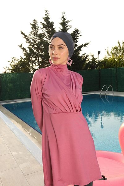 Starinci Mayo Costum de baie Uzunkol Hijab Lycra Piept Detaliat Roz