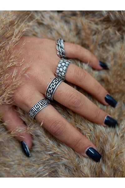 Vesaire Accessories Model Antik Eskitme Gümüş Kaplama Ayarlanabilir Yüzük Set