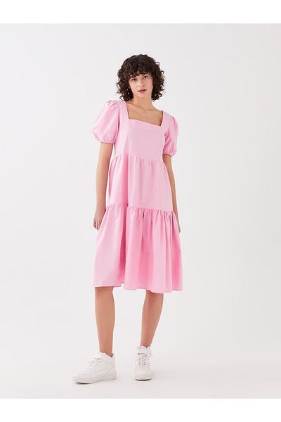LC Waikiki Damenkleid – quadratischer Kragen und einfarbige Ballonärmel