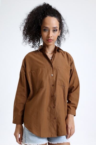 MD trend Women's Brown Pocket Oversize Long Basic Poplin Shirt