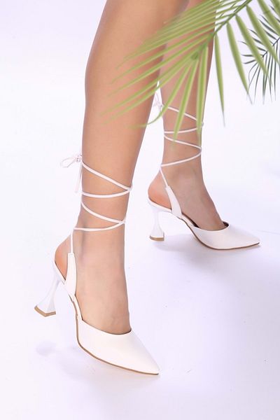 Shoeberry Women's Novo White Leather Ankle Strap Heeled Shoes