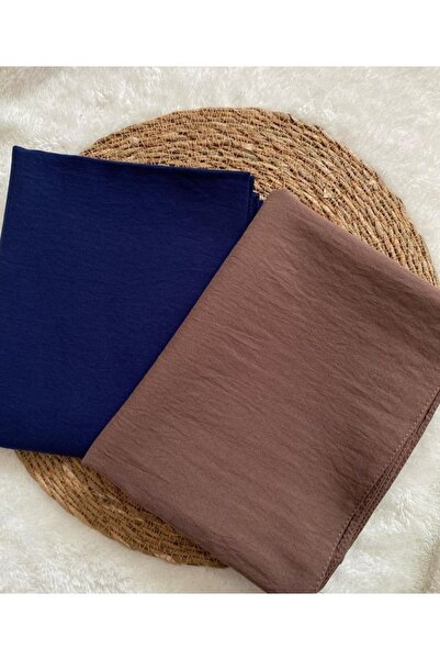 feronis طقم شال حجاب جاز قطني نسائي مكون من قطعتين _ أزرق كحلي - بني حليبي