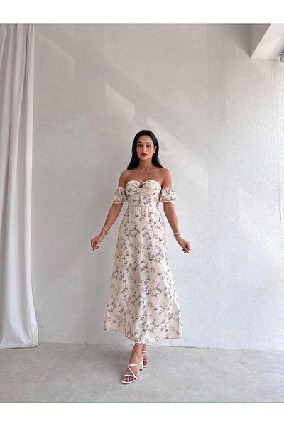 munora butik Floral Patterned Midi Yellow Dress with Chest Cups