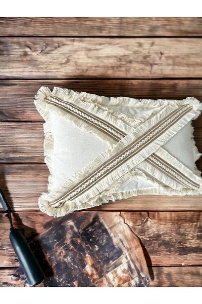 NDC HOME Cross Multiple Tassels Linen Cream Throw Pillow Cushion Cover (35 x 55)