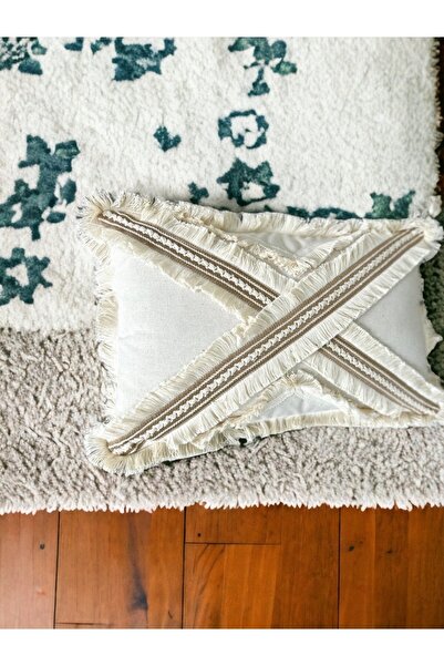 NDC HOME Cross Multiple Tassels Linen Cream Throw Pillow Cushion Cover (35 x 55)