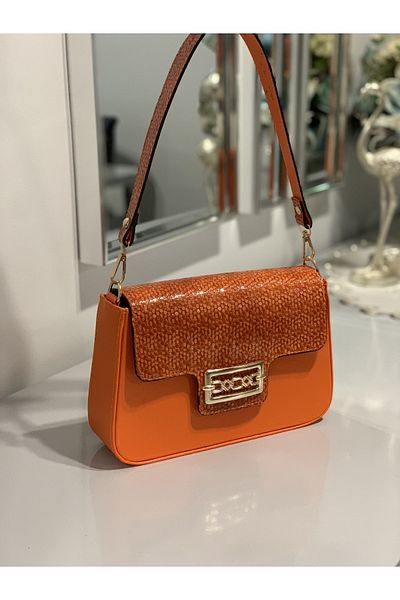 Molie Orange Snake Patterned Stylish Evening Dress and Daily Use Small Size Women's Hand and Shoulder Bag Crossbody