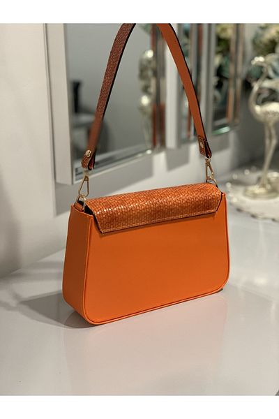 Molie Orange Snake Patterned Stylish Evening Dress and Daily Use Small Size Women's Hand and Shoulder Bag Crossbody