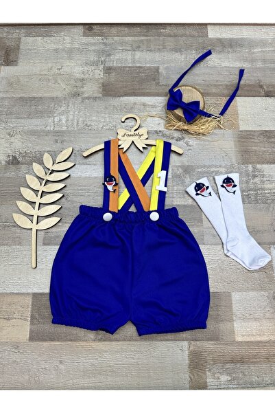 Feriatolye Baby shark konsept erkek bebek 1 yaş doğum günü mavi salopet