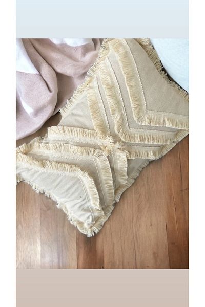 NDC HOME Cream Linen Throw Pillow with Multiple Tassels Cushion Cover (35 x 55)