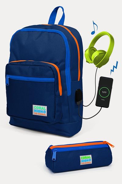 Coral High Set de 2 genți de școală pentru copii bleumarin cu USB SET 0223816