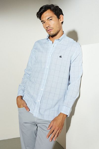BROOKS BROTHERS Blau kariertes Slim-Fit-Hemd aus Leinen mit geknöpftem Reversmuster für Herren