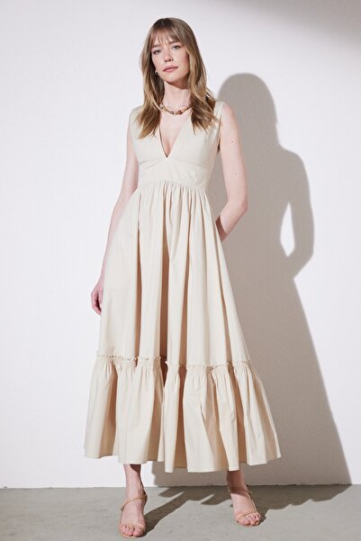 BROOKS BROTHERS Kadın Bej V Yaka Kolsuz Uzun Elbise