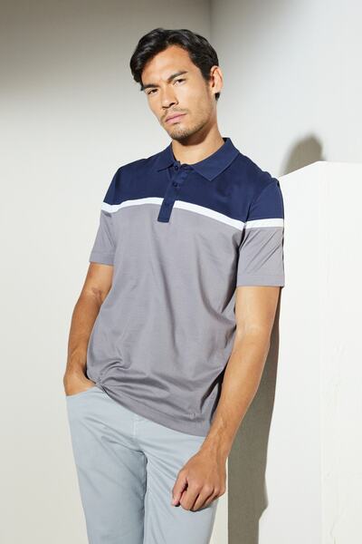 BROOKS BROTHERS Erkek Lacivert Gri Kısa Kollu Merserize Polo Yaka Tişört