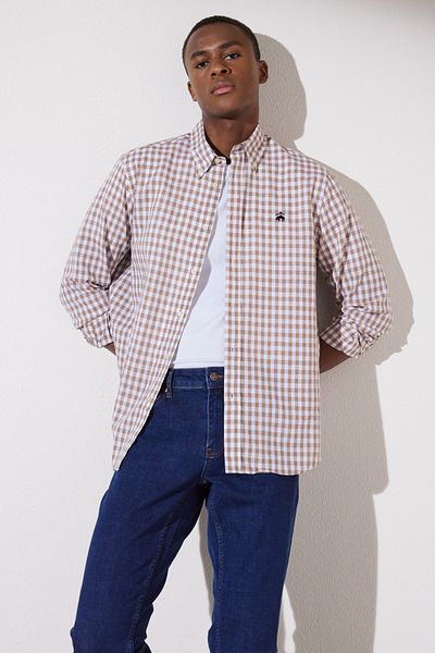 BROOKS BROTHERS Beige kariertes Herrenhemd mit Knopfleiste und gemustertem Revers