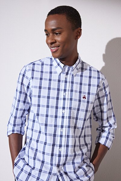 BROOKS BROTHERS Erkek Lacivert Kareli Comfort Fit Düğmeli Yaka Desenli Gömlek