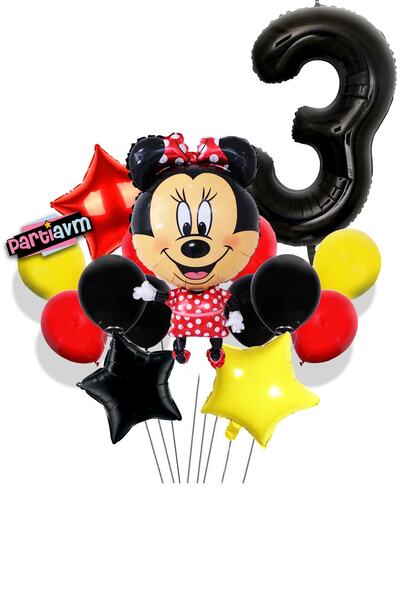 PARTİAVM Mini Mouse Balloon Set with Black Number Balloons Minnie Mouse Ballo...