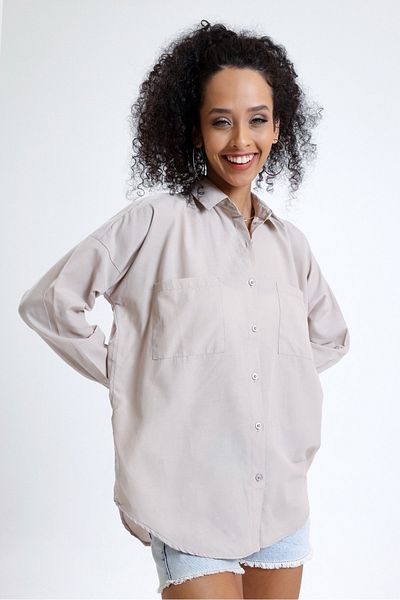 MD trend Γυναικείο Μπεζ Τσέπη Oversize Μακρύ Βασικό Πουκάμισο Ποπλίνα