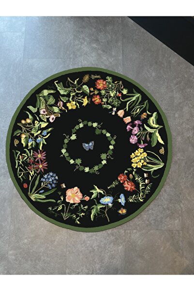 Rugs Modern Halı Black Botanical Theme Woven Base Round Carpet Mira 1429