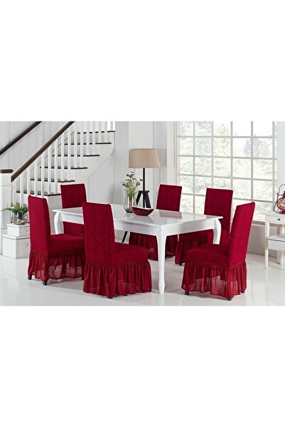 HEYTGAH Jakarlı Lüks Sandalye Kılıfı (6 Adet ) Lastikli Streç Yıkanabilir Etekli Sandalye Örtüsü Bordo