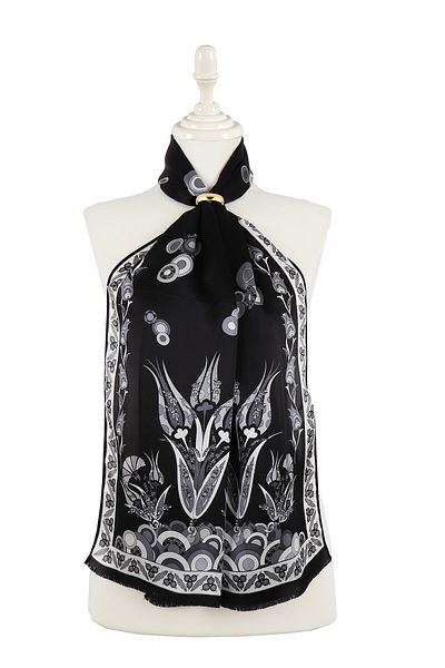 Bursa İpek Black Gray Çintemani Narrow Silk Scarf