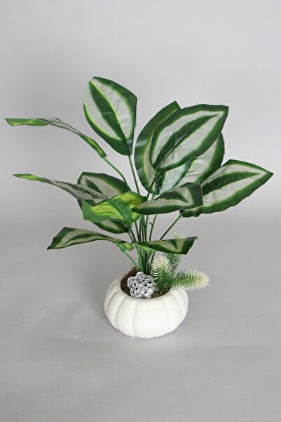 Yapay Çiçek Deposu Ahşap Ayaklı Beton Saksida Yapay 12 Yapraklı Bitki 50 cm Model 7