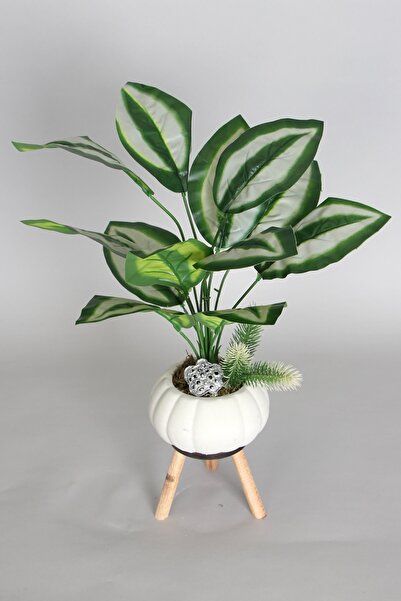 Yapay Çiçek Deposu Ahşap Ayaklı Beton Saksida Yapay 12 Yapraklı Bitki 50 cm Model 7