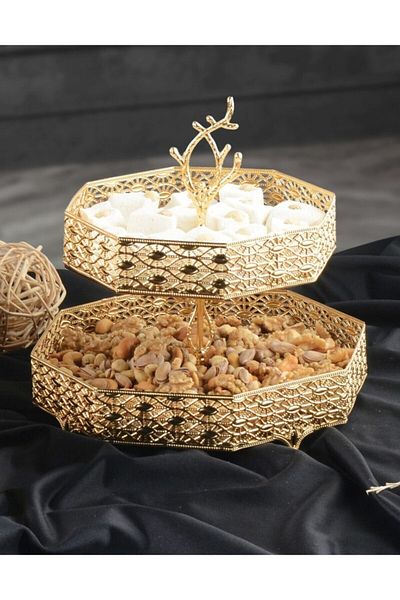 HELVACIOĞLU AKSESUAR 27 Patterned 2 Tier Honeycomb Cookie Holder (20-25 cm) Gold