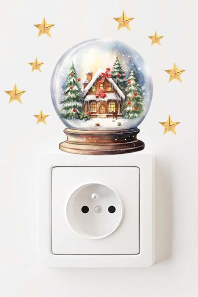 Sim Tasarım - Priz - Yılbaşı Yeniyıl Kar Küresi Yıldızlar Dekoratif Priz Sticker