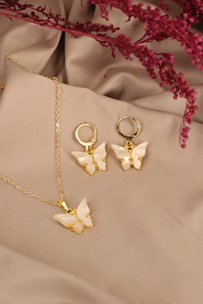 Dukkanka 3'lü Kadın Beyaz Renk Altın Kaplama Kelebek Kolye Ve Küpe Seti