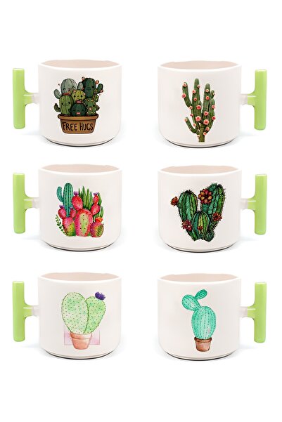 GünayStore KAKTÜS BASKILI RENKLİ T KULP'LU NESCAFE & LATTE 6 LI FİNCAN SET