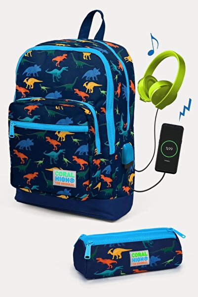 Coral High CoCoral High Kids Lacivert Dinazor Desenli USB'li 2'li Okul Çanta ...