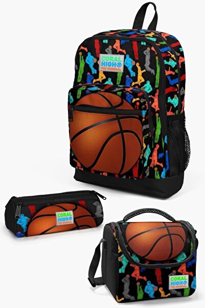Coral High Kids Black Basketball Patterned 3-Piece School Bag Set SET0123471