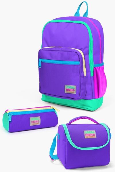 Coral High Kids Purple Color Detailed 3-Piece School Bag Set
