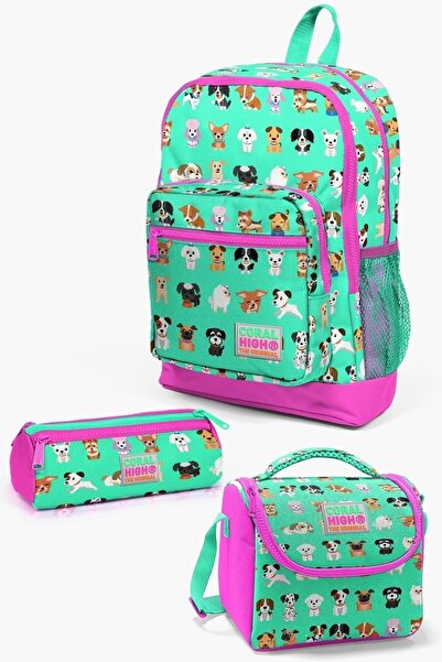Coral High Σετ σχολικών τσαντών παιδικής νεροπράσινης νέον ροζ μοτίβο σκύλου ...