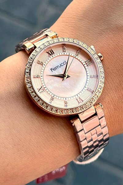 Ferrucci Şık Tasarım Taşlı Rose Gold Renk Kadın Kol Saati