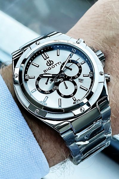 Bigotti Full Steel Men's Wristwatch 5 Atm Waterproof Silver Color + Bracelet Bme2003c2