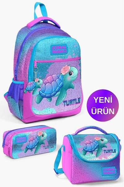 Coral High Set de genți de școală din 3 piese pentru copii, roz deschis, albastru, cu model țestoasă GOSET 0123497