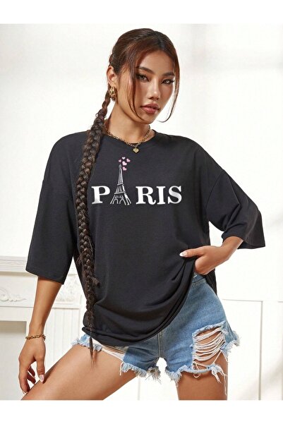 MANCY Μπλουζάκι με λεπτομέρεια Eiffel Paris με στάμπα Oversize Crew Neck