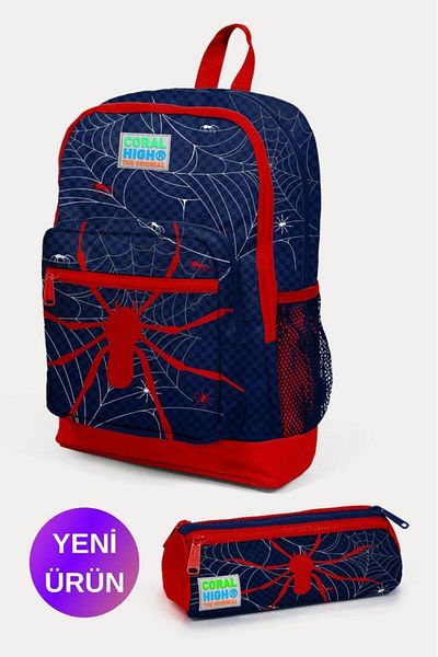 Coral High Kids Navy Blue Red Spider Patterned 2-Piece School Bag Set GOSET0223720