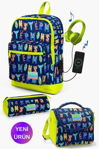 Coral High Kids Navy Blue Neon Yellow Monster Patterned 3-Piece School Bag Set with USB GOSET0123826