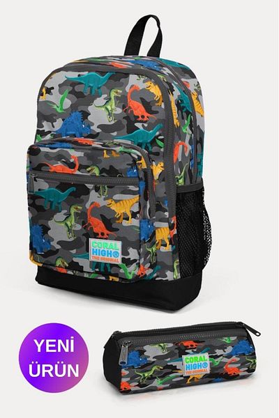 Coral High Set de genți de școală din 2 piese pentru copii, gri închis, negru, camuflaj, cu model de dinozaur GOSET 0223474