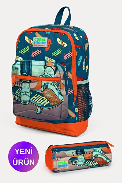 Coral High Kids Civit Neon Orange Skateboard Patterned 2-Piece School Bag Set GOSET0223723